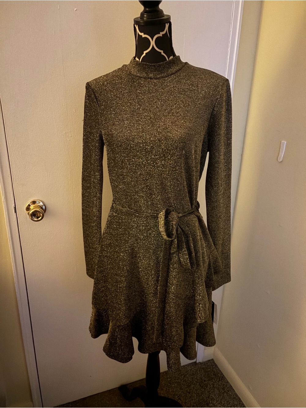 Speechless Metallic Brown Long-Sleeve Belted Mini Dress